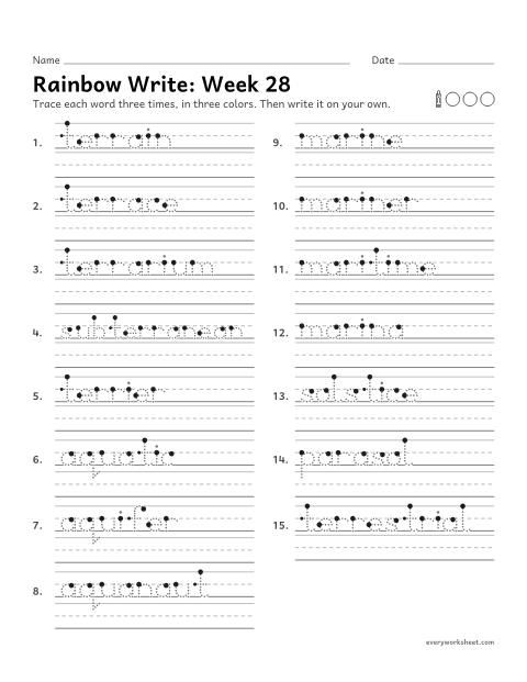 Preview of the printable “Rainbow Write: week 28 (Latin roots: terr, aqu, mar and sol)” worksheet: tracing and writing spelling words with the Latin roots terr (earth), aqu (water), mar (sea) and sol (sun)