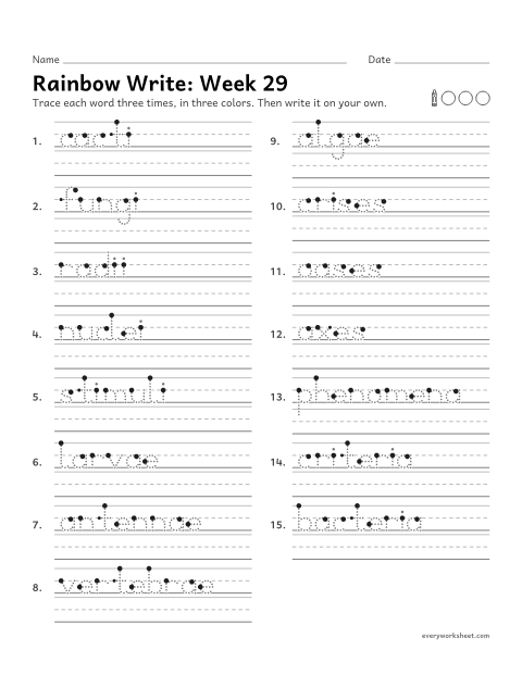 Preview of the printable “Rainbow Write: week 29 (Plurals from latin and Greek)” worksheet: tracing and writing spelling words with plurals that keep their Latin and Greek endings, as in cacti, larvae, oases and bacteria