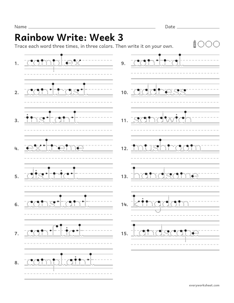 Preview of the printable “Rainbow Write: week 3 (Three consonants in the middle)” worksheet: tracing and writing spelling words with three consonants between two vowels, as in contrast and mushroom