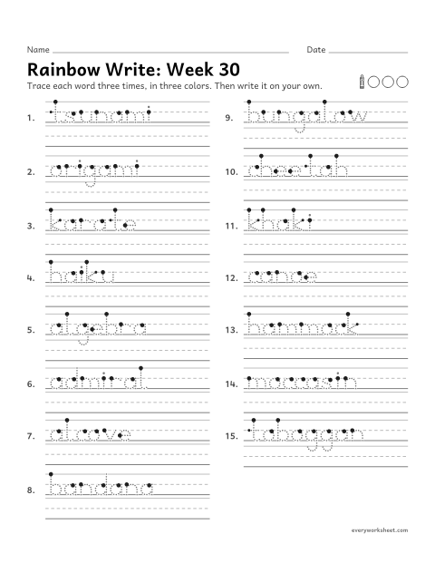 Preview of the printable “Rainbow Write: week 30 (Words from other languages)” worksheet: tracing and writing spelling words with words English borrowed from Japanese, Arabic, Hindi and Native languages of the Americas