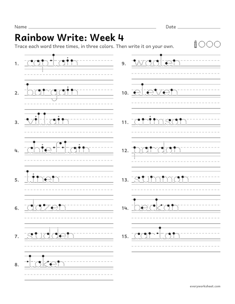 Preview of the printable “Rainbow Write: week 4 (Schwa endings: -ain, -en and -on)” worksheet: tracing and writing spelling words with the lazy last syllables -ain, -en and -on, as in captain, linen and crimson