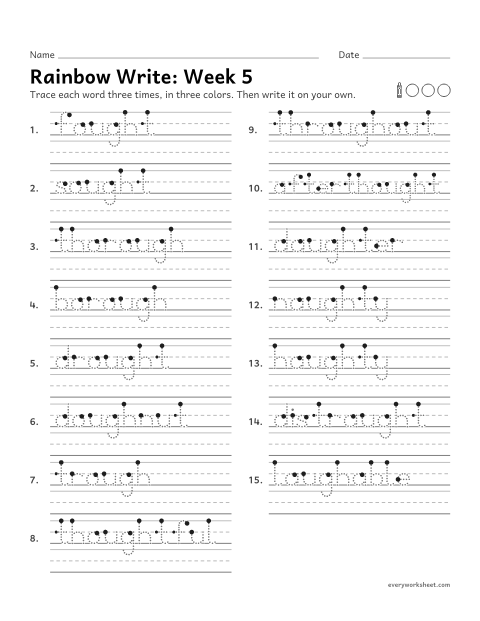Preview of the printable “Rainbow Write: week 5 (ough and augh)” worksheet: tracing and writing spelling words with the tricky letters ough and augh, as in drought, thorough and daughter