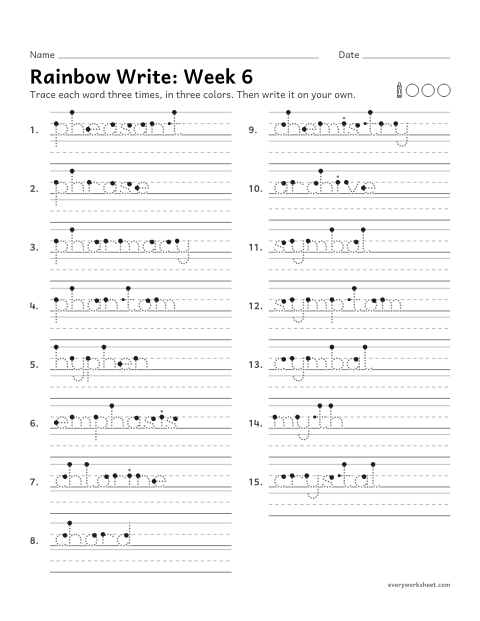 Preview of the printable “Rainbow Write: week 6 (Greek spellings: ph, ch and y)” worksheet: tracing and writing spelling words with ph for /f/, ch for /k/ and y for short i, as in phrase, chord and symbol