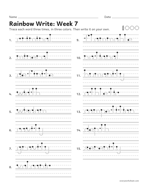 Preview of the printable “Rainbow Write: week 7 (Related words: long to short vowels)” worksheet: tracing and writing spelling words with words whose vowel changes from long to short, as in crime to criminal and cave to cavity