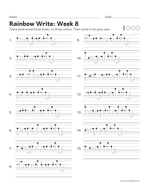 Preview of the printable “Rainbow Write: week 8 (Suffix -ity: the hidden vowel)” worksheet: tracing and writing spelling words with the suffix -ity, which brings out a hidden vowel, as in major to majority