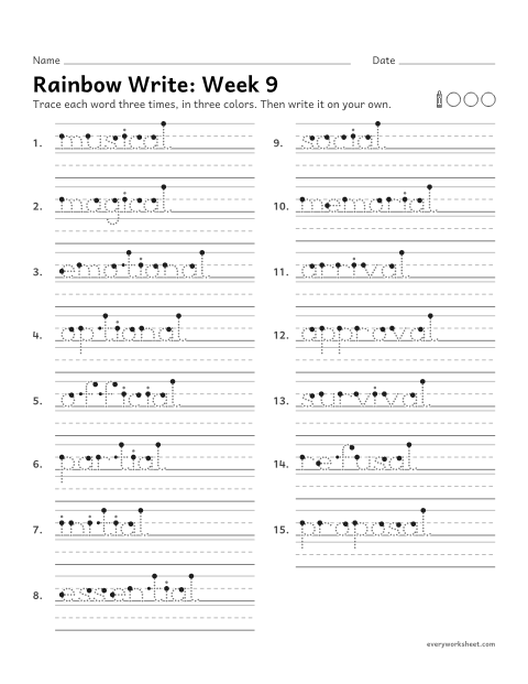 Preview of the printable “Rainbow Write: week 9 (Suffixes -al and -ial)” worksheet: tracing and writing spelling words with the suffixes -al and -ial, as in musical, official and arrival