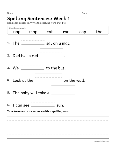 Preview of the printable “Spelling Sentences: week 1 (Short a)” worksheet: writing spelling words in sentences