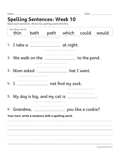 Preview of the printable “Spelling Sentences: week 10 (Words with th and wh)” worksheet: writing spelling words in sentences