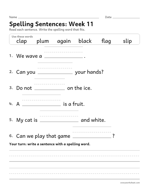 Preview of the printable “Spelling Sentences: week 11 (l-blends)” worksheet: writing spelling words in sentences