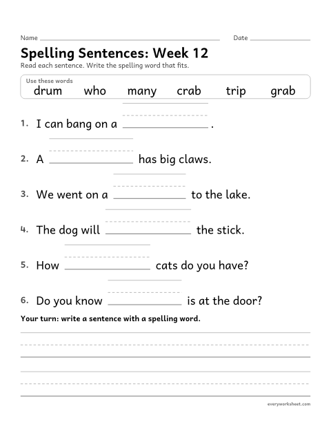 Preview of the printable “Spelling Sentences: week 12 (r-blends)” worksheet: writing spelling words in sentences