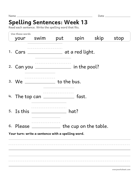 Preview of the printable “Spelling Sentences: week 13 (s-blends)” worksheet: writing spelling words in sentences