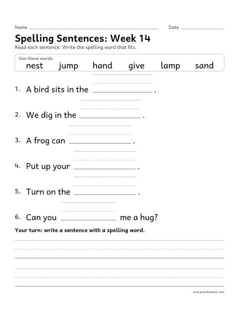 Preview of the printable “Spelling Sentences: week 14 (Ending blends)” worksheet: writing spelling words in sentences