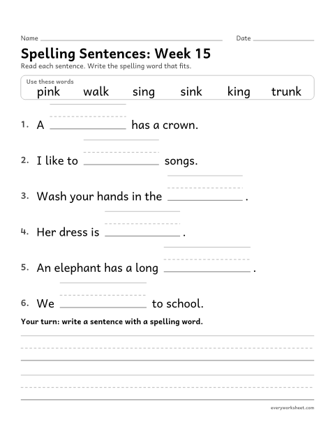 Preview of the printable “Spelling Sentences: week 15 (Words with ng and nk)” worksheet: writing spelling words in sentences