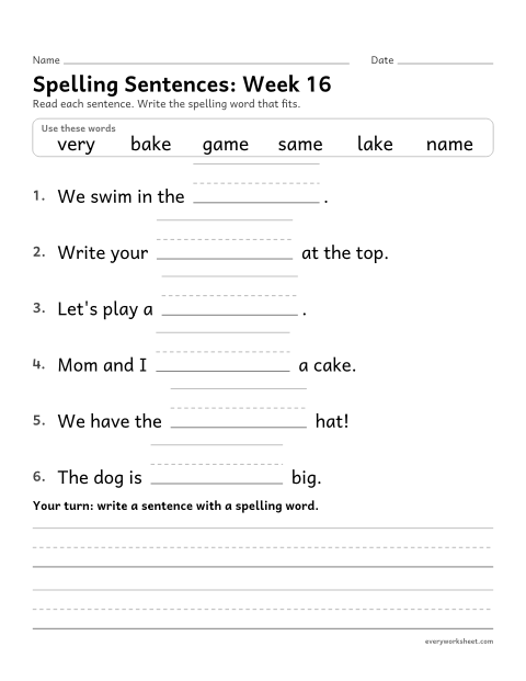 Preview of the printable “Spelling Sentences: week 16 (Silent e: a_e)” worksheet: writing spelling words in sentences