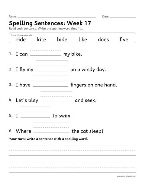 Preview of the printable “Spelling Sentences: week 17 (Silent e: i_e)” worksheet: writing spelling words in sentences