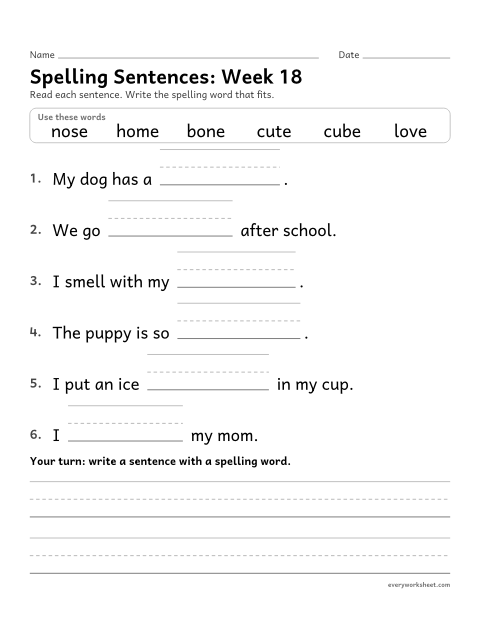 Preview of the printable “Spelling Sentences: week 18 (Silent e: o_e and u_e)” worksheet: writing spelling words in sentences