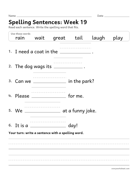 Preview of the printable “Spelling Sentences: week 19 (Long a: ai and ay)” worksheet: writing spelling words in sentences