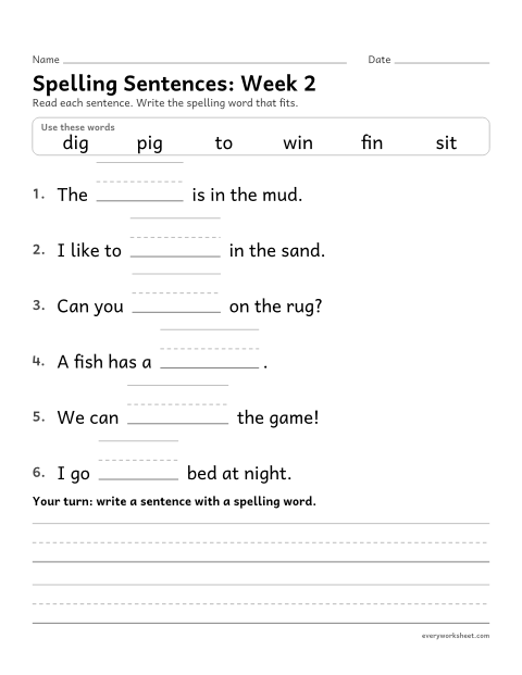 Preview of the printable “Spelling Sentences: week 2 (Short i)” worksheet: writing spelling words in sentences