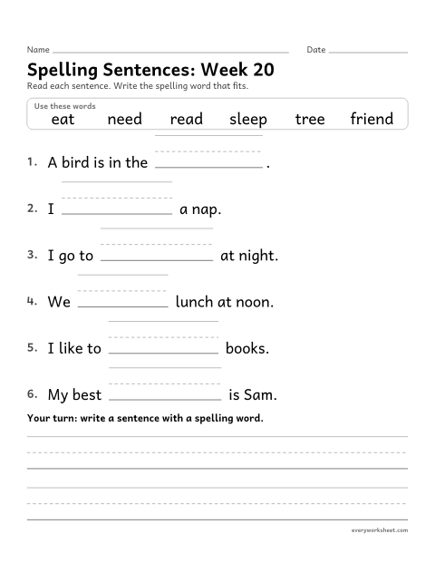 Preview of the printable “Spelling Sentences: week 20 (Long e: ee and ea)” worksheet: writing spelling words in sentences