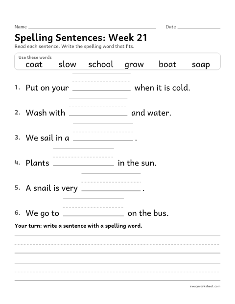 Preview of the printable “Spelling Sentences: week 21 (Long o: oa and ow)” worksheet: writing spelling words in sentences