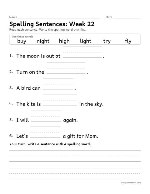 Preview of the printable “Spelling Sentences: week 22 (Long i: igh and y)” worksheet: writing spelling words in sentences
