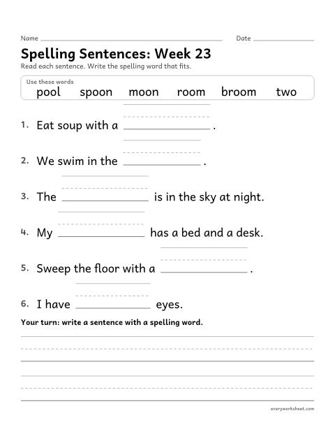 Preview of the printable “Spelling Sentences: week 23 (oo as in moon)” worksheet: writing spelling words in sentences