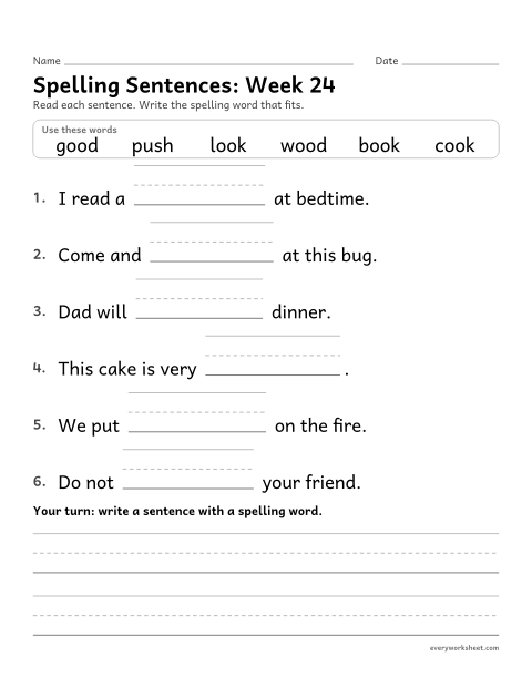 Preview of the printable “Spelling Sentences: week 24 (oo as in book)” worksheet: writing spelling words in sentences