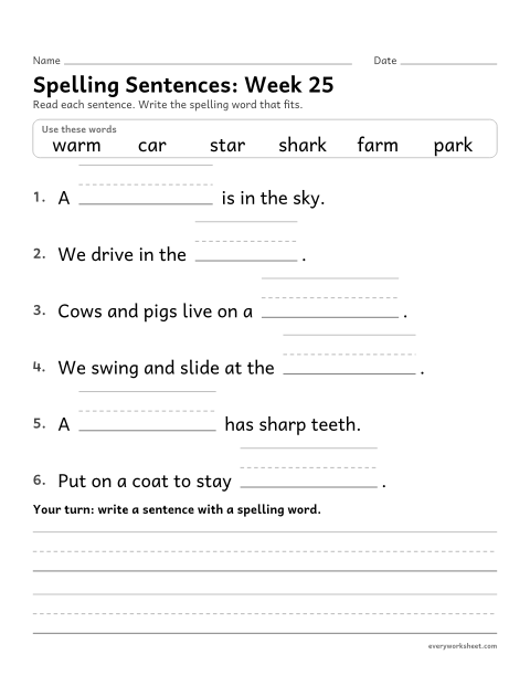 Preview of the printable “Spelling Sentences: week 25 (ar words)” worksheet: writing spelling words in sentences
