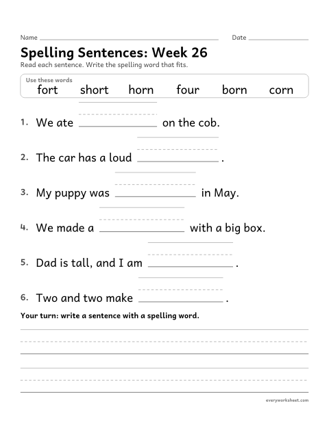 Preview of the printable “Spelling Sentences: week 26 (or words)” worksheet: writing spelling words in sentences