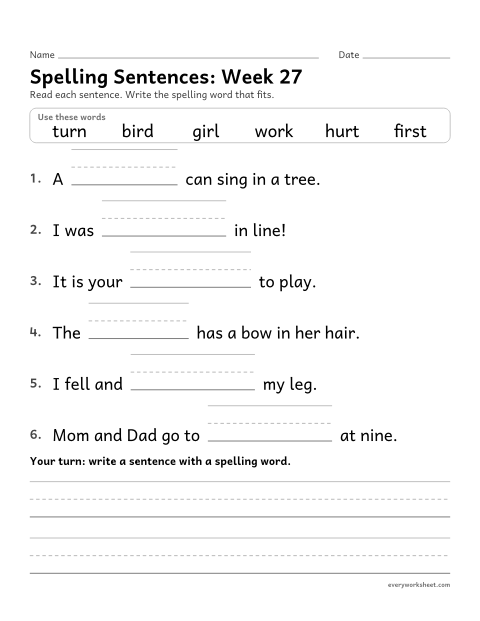 Preview of the printable “Spelling Sentences: week 27 (er, ir and ur)” worksheet: writing spelling words in sentences