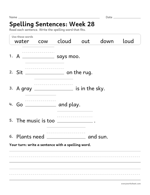 Preview of the printable “Spelling Sentences: week 28 (ou and ow)” worksheet: writing spelling words in sentences