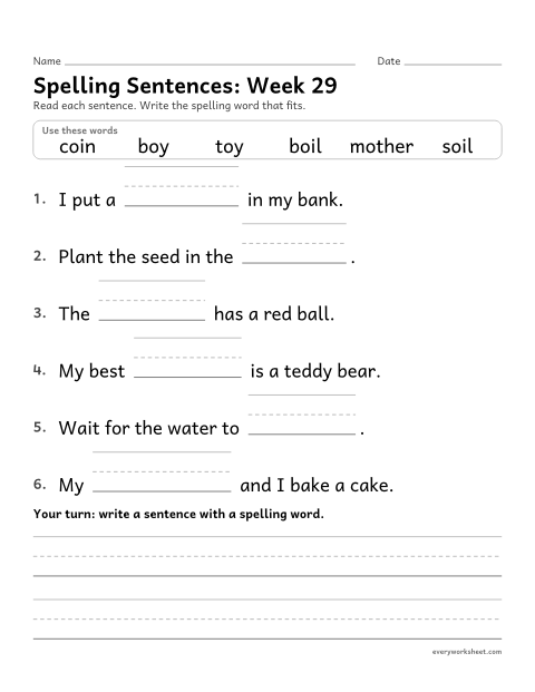 Preview of the printable “Spelling Sentences: week 29 (oi and oy)” worksheet: writing spelling words in sentences