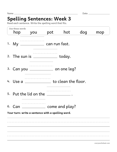 Preview of the printable “Spelling Sentences: week 3 (Short o)” worksheet: writing spelling words in sentences