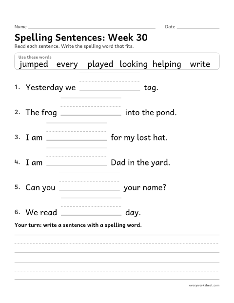 Preview of the printable “Spelling Sentences: week 30 (Endings -ed and -ing)” worksheet: writing spelling words in sentences