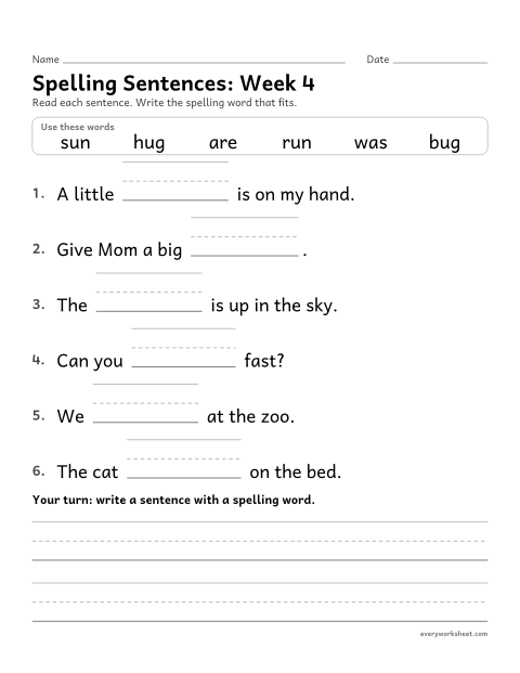 Preview of the printable “Spelling Sentences: week 4 (Short u)” worksheet: writing spelling words in sentences