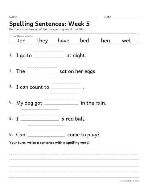Preview of the printable “Spelling Sentences: week 5 (Short e)” worksheet: writing spelling words in sentences