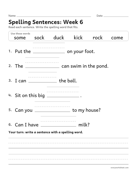 Preview of the printable “Spelling Sentences: week 6 (Words with ck)” worksheet: writing spelling words in sentences