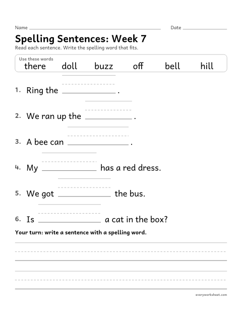 Preview of the printable “Spelling Sentences: week 7 (Double letters ff, ll, ss, zz)” worksheet: writing spelling words in sentences