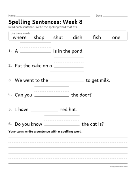 Preview of the printable “Spelling Sentences: week 8 (Words with sh)” worksheet: writing spelling words in sentences
