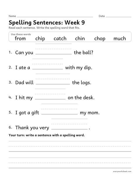 Preview of the printable “Spelling Sentences: week 9 (Words with ch and tch)” worksheet: writing spelling words in sentences
