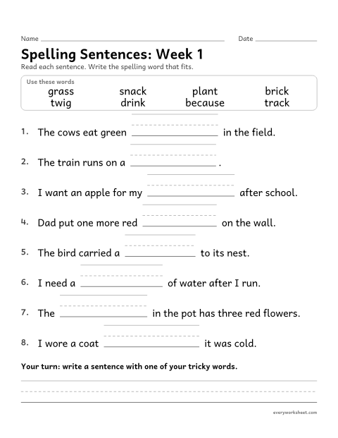 Preview of the printable “Spelling Sentences: week 1 (Short a and short i)” worksheet: writing spelling words in sentences