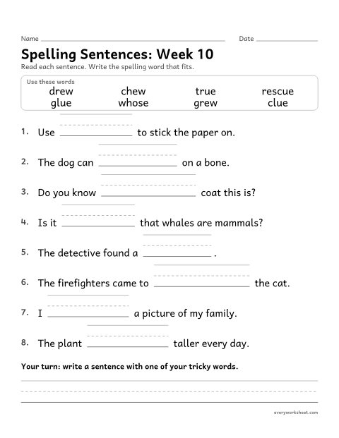 Preview of the printable “Spelling Sentences: week 10 (ue and ew)” worksheet: writing spelling words in sentences