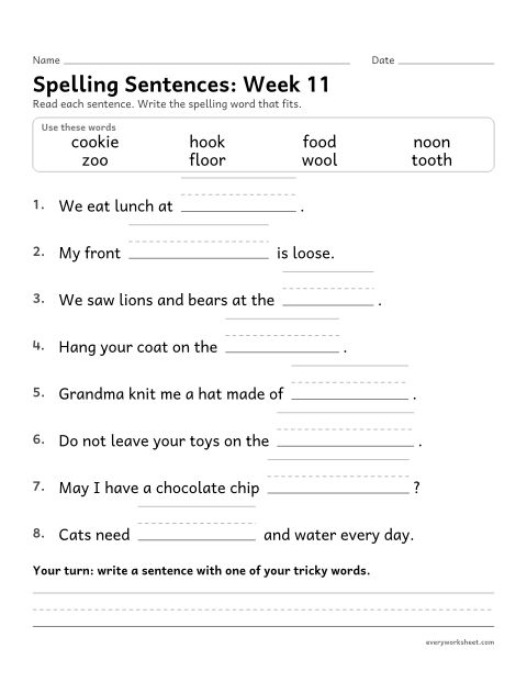 Preview of the printable “Spelling Sentences: week 11 (oo as in moon and book)” worksheet: writing spelling words in sentences