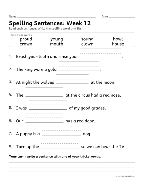 Preview of the printable “Spelling Sentences: week 12 (ou and ow)” worksheet: writing spelling words in sentences