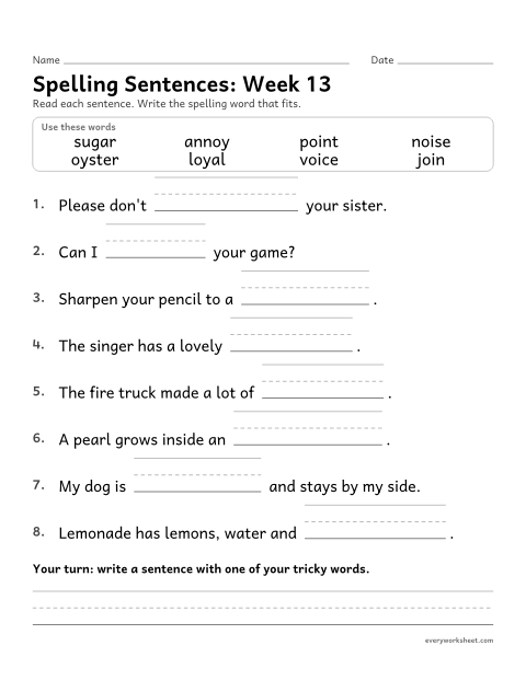 Preview of the printable “Spelling Sentences: week 13 (oi and oy)” worksheet: writing spelling words in sentences