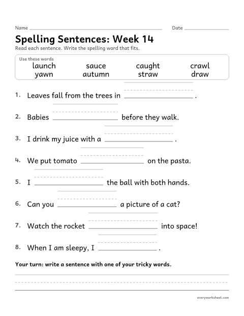 Preview of the printable “Spelling Sentences: week 14 (au and aw)” worksheet: writing spelling words in sentences