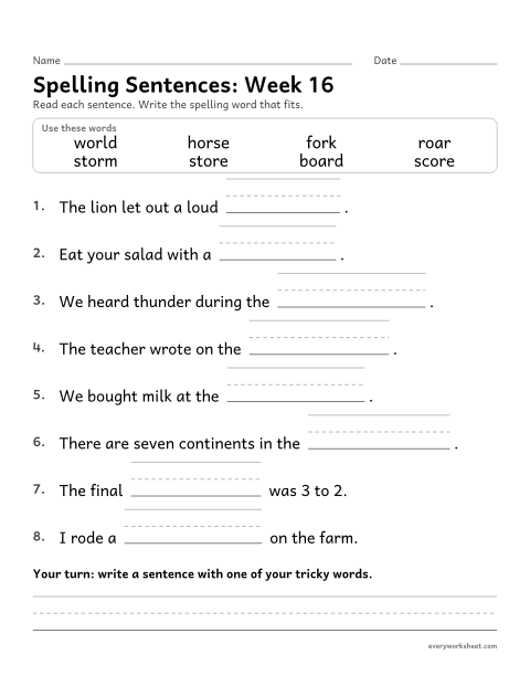Preview of the printable “Spelling Sentences: week 16 (or, ore and oar)” worksheet: writing spelling words in sentences
