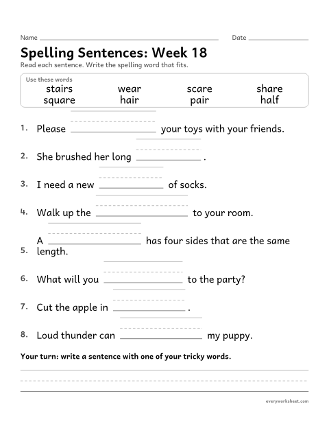 Preview of the printable “Spelling Sentences: week 18 (air, are and ear)” worksheet: writing spelling words in sentences