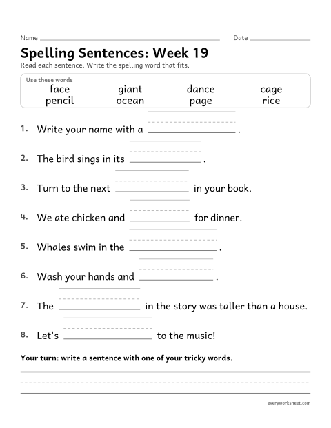 Preview of the printable “Spelling Sentences: week 19 (Soft c and soft g)” worksheet: writing spelling words in sentences