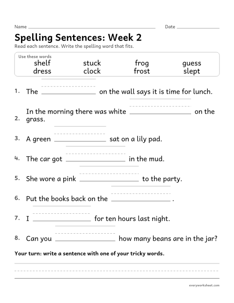 Preview of the printable “Spelling Sentences: week 2 (Short o, u and e)” worksheet: writing spelling words in sentences